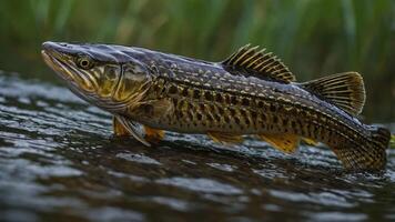 A close-up of a fish swimming in shallow water, showcasing its intricate patterns and colors. photo