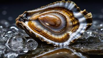 A close-up of a beautifully patterned oyster shell resting on reflective surfaces. photo