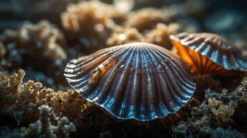 Close-up of a scallop shell resting on coral, illuminated by soft light. photo