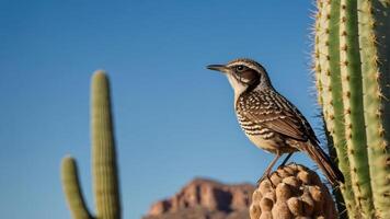 A bird perched on a cactus with a clear blue sky in the background. photo