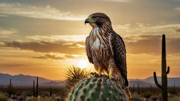 A hawk perched on a cactus at sunset in a desert landscape. photo