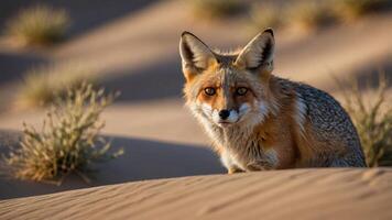 A fox in a desert landscape, blending with the sandy environment and surrounding vegetation. photo