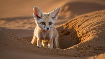 A fennec fox stands in a sandy desert landscape, showcasing its large ears and curious expression. photo