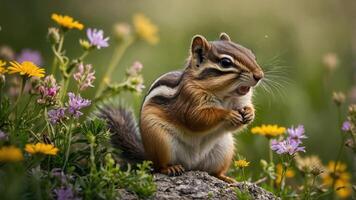 A chipmunk sits among colorful wildflowers, showcasing nature's beauty and wildlife. photo