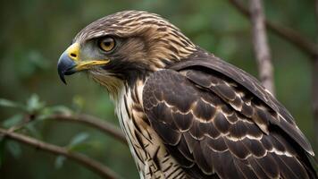 A close-up of a hawk perched on a branch, showcasing its detailed feathers and keen gaze. photo