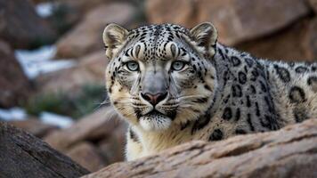 A close-up of a snow leopard resting among rocky terrain, showcasing its striking features. photo