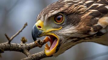 A close-up of a hawk perched on a branch, showcasing its sharp beak and intense gaze. photo