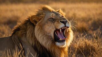 A roaring lion in a golden grassland, showcasing its majestic presence. photo