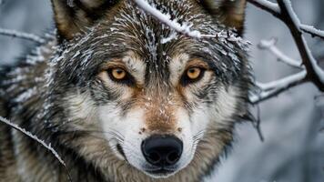 A close-up of a wolf's face, framed by branches and snow, showcasing its intense gaze. photo