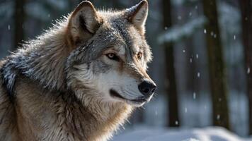A close-up of a wolf in a snowy forest, showcasing its fur and intense gaze. photo