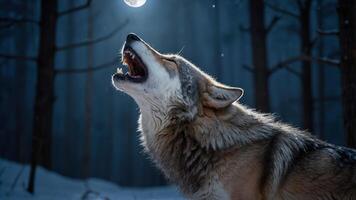 A wolf howling under a full moon in a snowy forest, evoking a sense of wilderness and mystery. photo