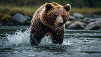 A brown bear wading through water, creating splashes, in a natural setting. photo