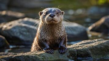 A playful otter perched on a rock by the water, showcasing its curious expression. photo
