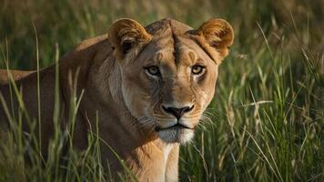 A close-up of a lioness in tall grass, showcasing her intense gaze and natural habitat. photo