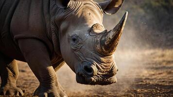 A close-up of a rhinoceros in a natural environment, showcasing its features and habitat. photo