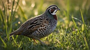 A colorful bird standing on grass in soft sunlight, showcasing its intricate plumage. photo
