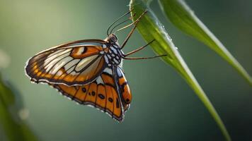 A close-up of a vibrant butterfly resting on a green leaf in soft natural light. photo