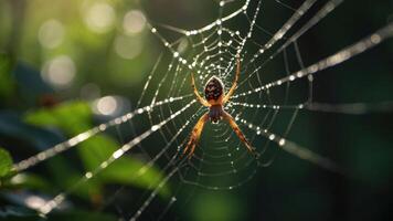 A close-up of a spider in its web, glistening with dew in a natural setting. photo