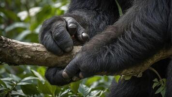 Close-up of a gorilla's hands gripping a branch in a lush green environment. photo