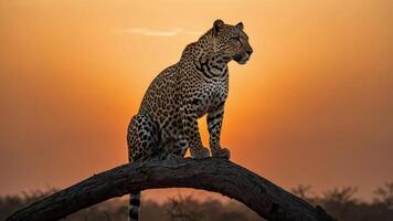 A leopard perched on a branch against a vibrant sunset backdrop. photo