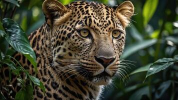 A close-up of a leopard's face amidst lush green foliage, showcasing its striking features. photo