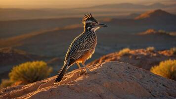 A colorful bird standing on a rock during sunset in a desert landscape. photo