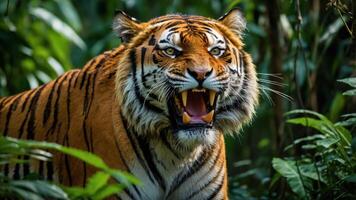 A fierce tiger snarling amidst lush greenery, showcasing its powerful presence in nature. photo