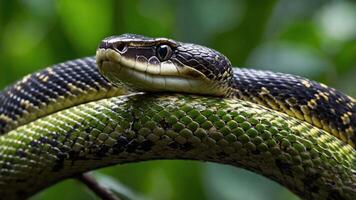A close-up of a snake resting on a branch in a lush green environment. photo