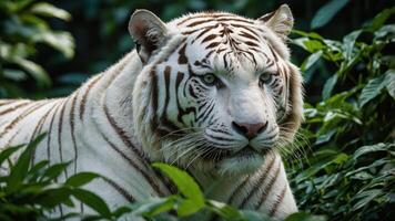 A majestic white tiger amidst lush green foliage, showcasing its striking features and beauty. photo