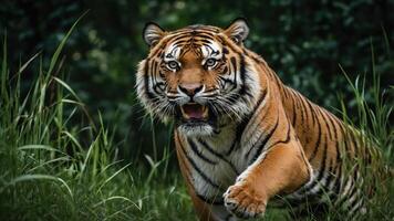 A majestic tiger prowling through lush grass, showcasing its powerful presence in nature. photo