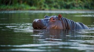 A hippo partially submerged in calm water, surrounded by lush greenery. photo