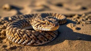 A close-up of a coiled snake resting on sandy terrain, showcasing its scales and colors. photo