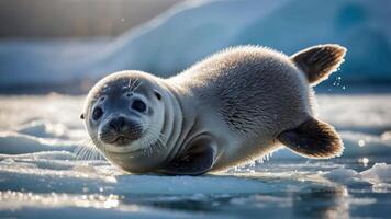 A playful seal swims on icy waters, showcasing its playful nature in a serene environment. photo