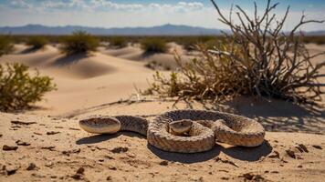 A snake resting on sandy dunes with sparse vegetation in a desert landscape. photo
