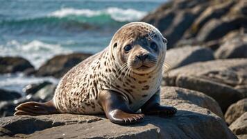 A seal resting on rocks by the ocean, showcasing its unique spotted fur and serene environment. photo