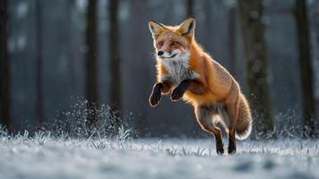 A fox leaps through a snowy landscape, showcasing its vibrant fur and agility. photo