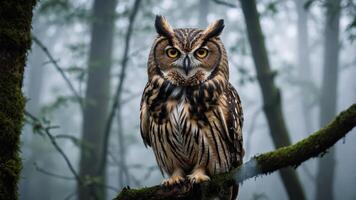 A majestic owl perched on a branch in a misty forest setting. photo