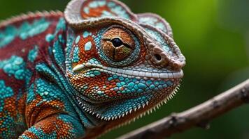 A close-up of a colorful chameleon showcasing its vibrant patterns and textures. photo