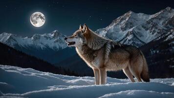 A wolf stands in a snowy landscape under a full moon, surrounded by majestic mountains. photo