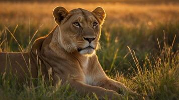 A lioness resting in tall grass during golden hour, showcasing the beauty of wildlife. photo