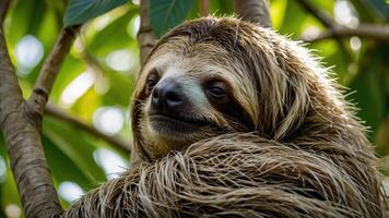A close-up of a sloth resting on a tree branch amidst lush green foliage. photo