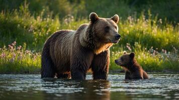 A mother bear and her cub wade in a serene river surrounded by lush greenery and flowers. photo