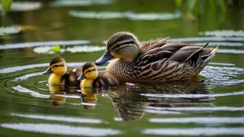 A mother duck swims with her two ducklings in a serene pond. photo
