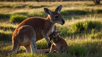 A kangaroo and its joey in a grassy field during golden hour. photo