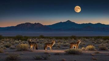 Three coyotes under a full moon in a desert landscape at twilight. photo