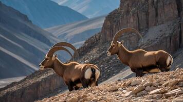 Two mountain goats with impressive horns stand on rocky terrain against a mountainous backdrop. photo