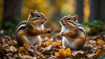 Two chipmunks holding nuts amidst autumn leaves in a forest setting. photo