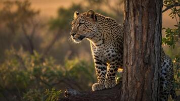 A leopard perched on a tree branch, observing its surroundings in a serene landscape. photo