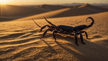 A scorpion on sandy dunes at sunset, highlighting desert wildlife. photo