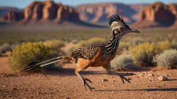 A roadrunner bird running across a desert landscape with mountains in the background. photo